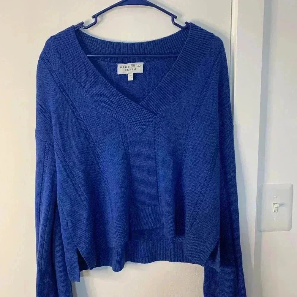 Derek Lam Denim Cropped Sweater S/P‎ Blue V-Neck Pullover Knit Boxy Designer